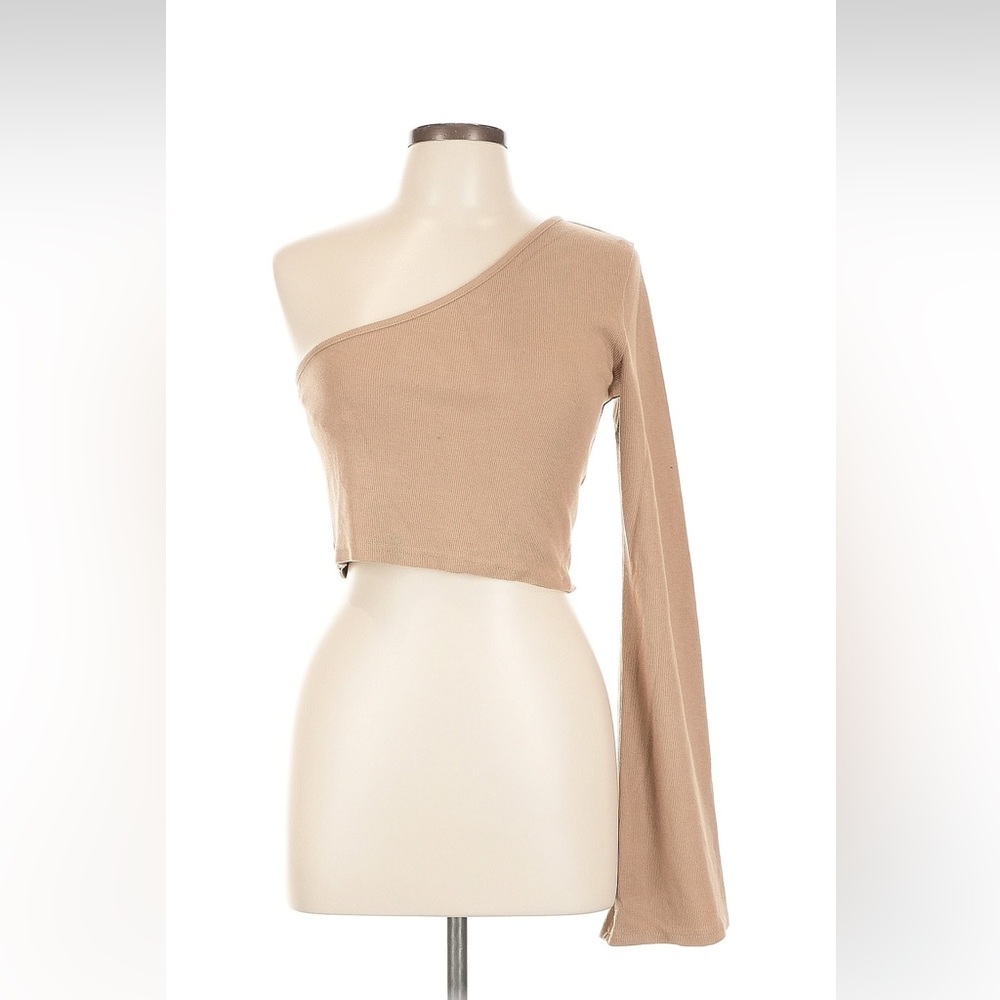 POL Tan Ribbed One-Shoulder Crop Top L | Fall Going Out Top